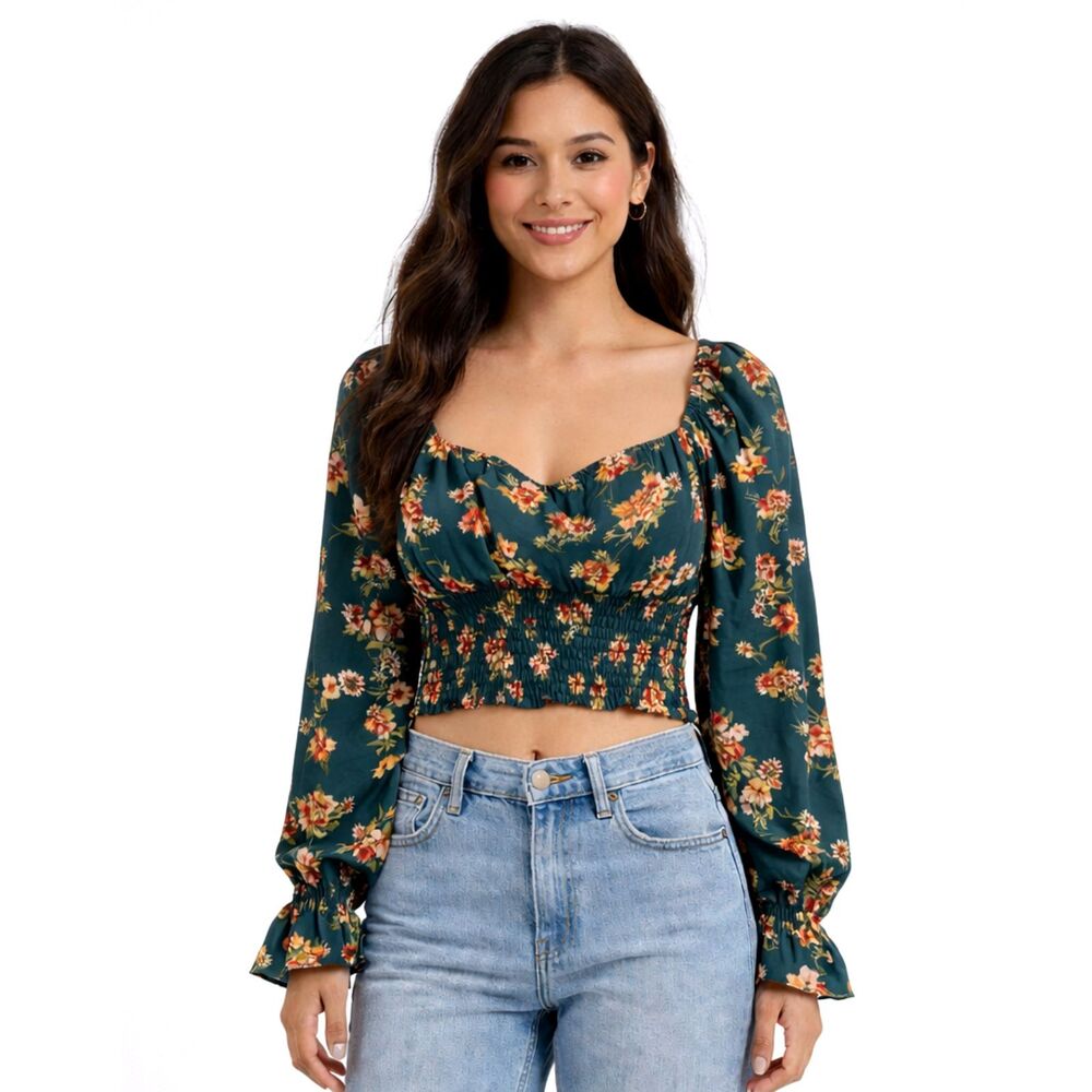 No Frills Los Angeles Women's Small Floral Smocked Peasant /Boho Crop Top #G